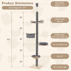 Floor to Ceiling Cat Tree with 93 Inch-107 Inch Adjustable Height-Gray