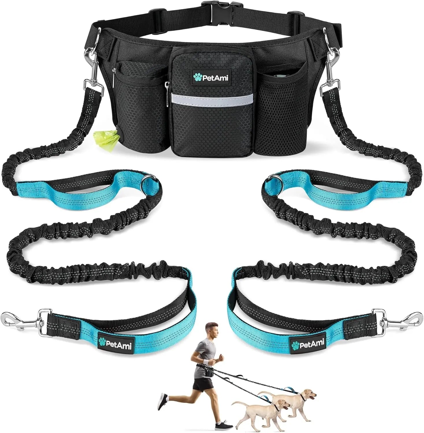 Hands Free Dog Leash Dual Bungee Waist Belt Adjustable Running Walking 2 Dogs
