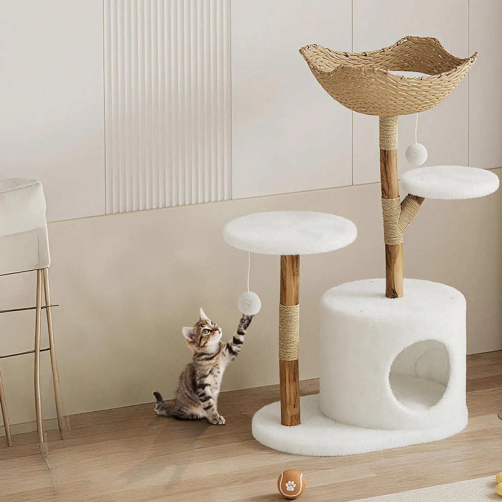 Real Wood Modern Cat Tree Tower With Wicker Scratching Post