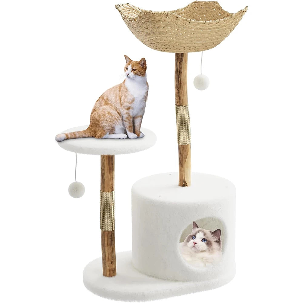 Real Wood Modern Cat Tree Tower With Wicker Scratching Post