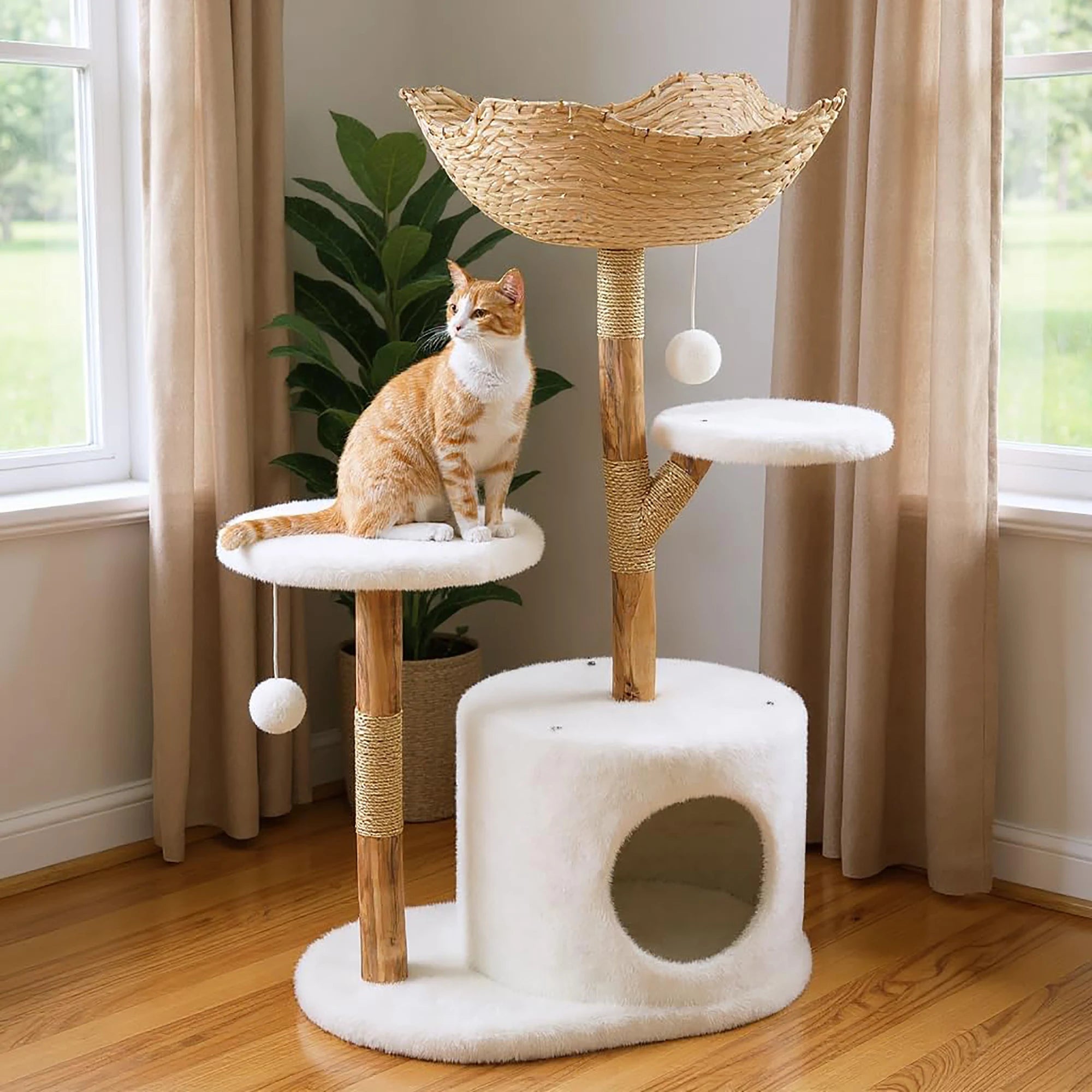 Real Wood Modern Cat Tree Tower With Wicker Scratching Post