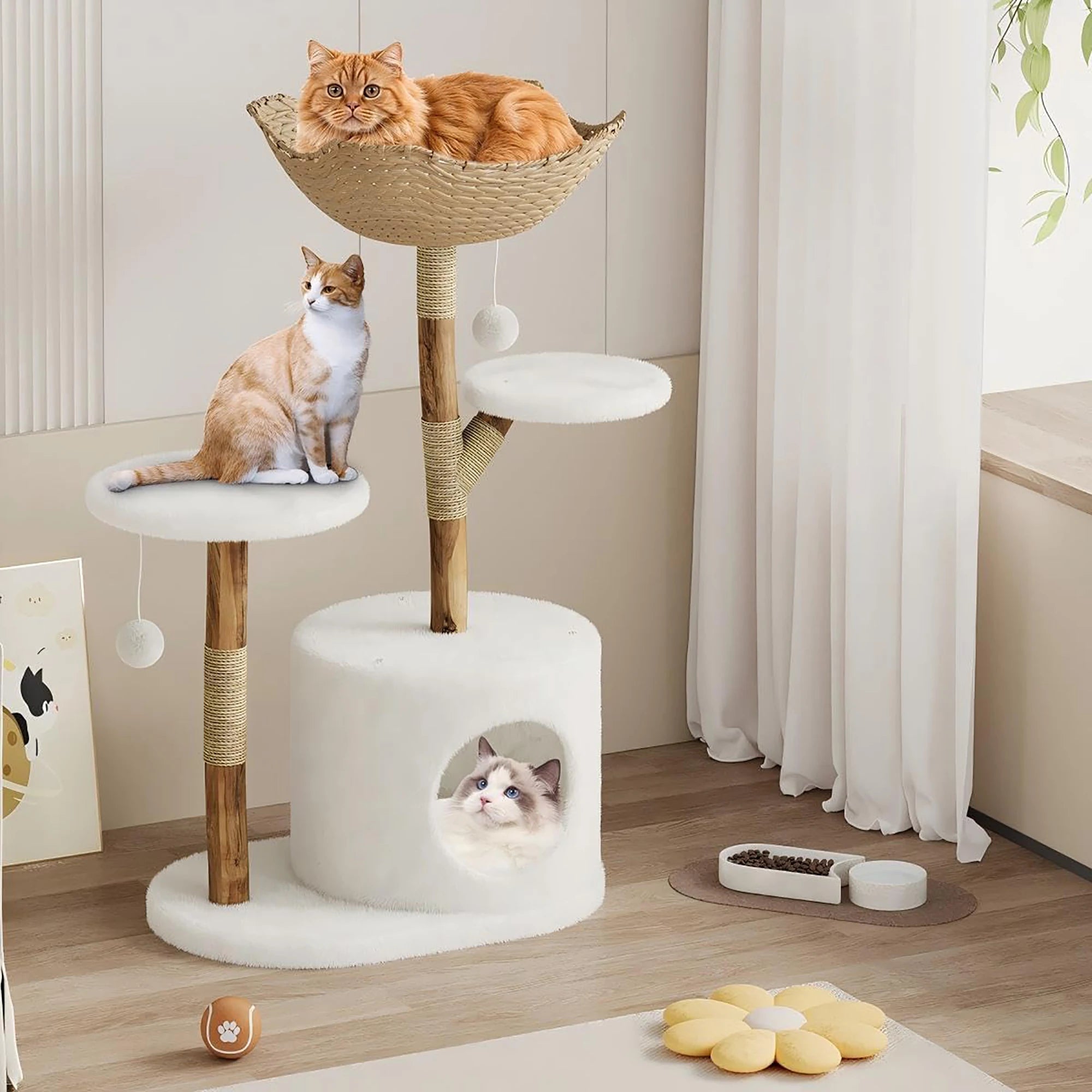 Real Wood Modern Cat Tree Tower With Wicker Scratching Post