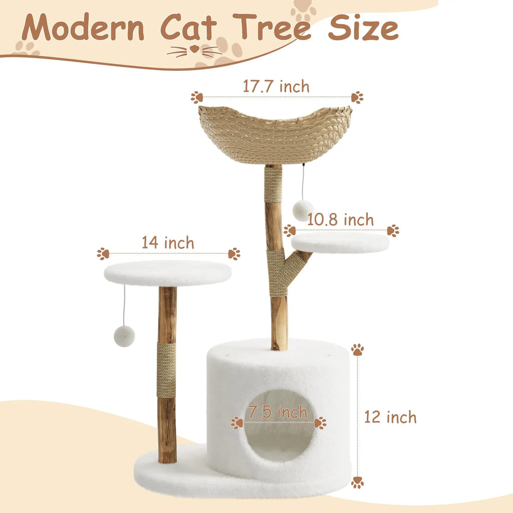 Real Wood Modern Cat Tree Tower With Wicker Scratching Post