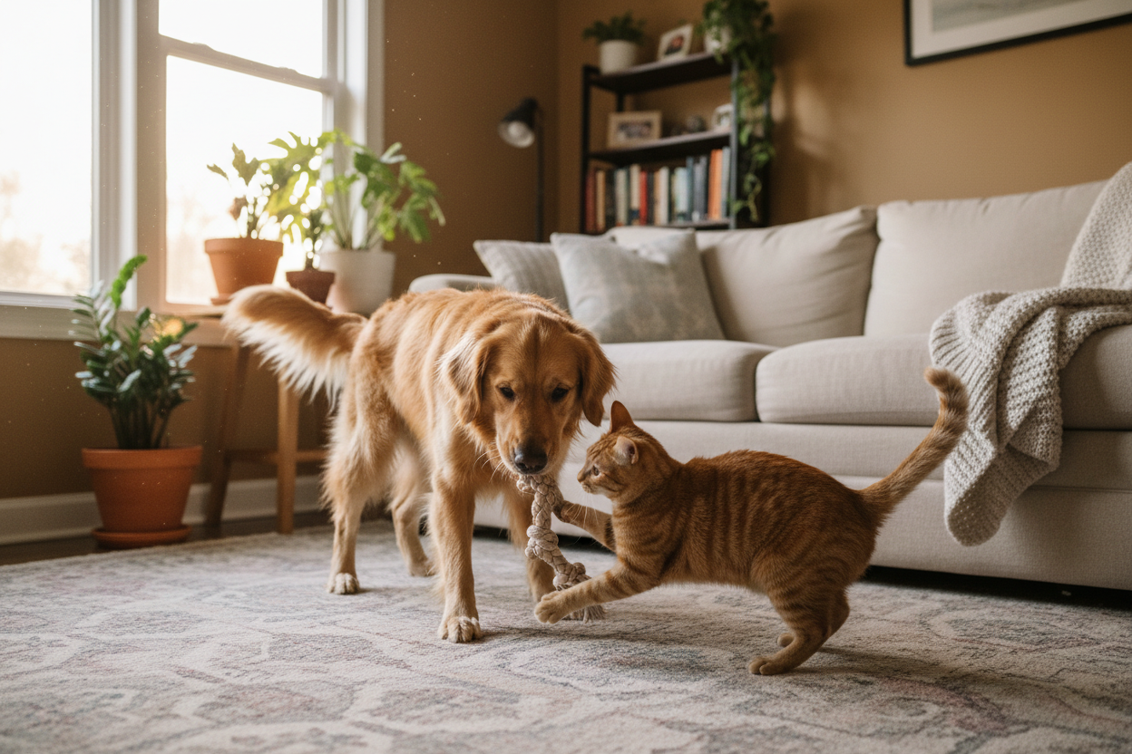 create a realsiitc image of a dog and cat playing in a living room