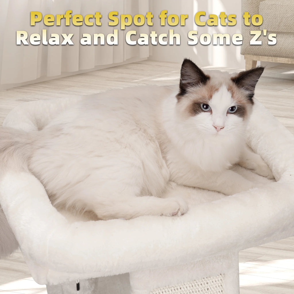 Cozy Beige Cat Tree with Condo, Scratch Post, Hammock & Fun Hanging Balls for Your Feline Friends
